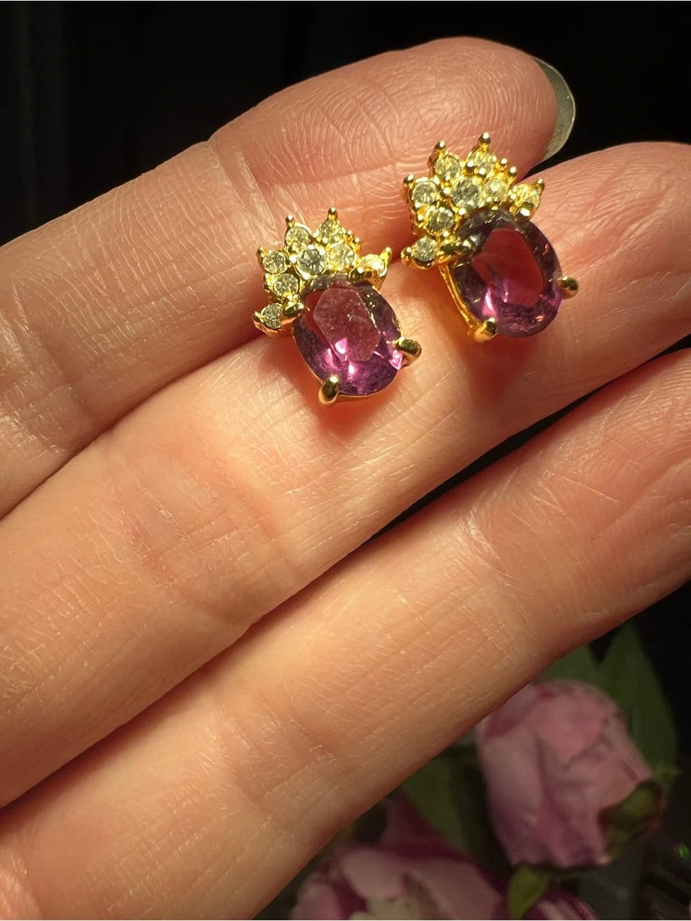Gold-Plated? Purple Crystal Crown Stud Earrings Read below